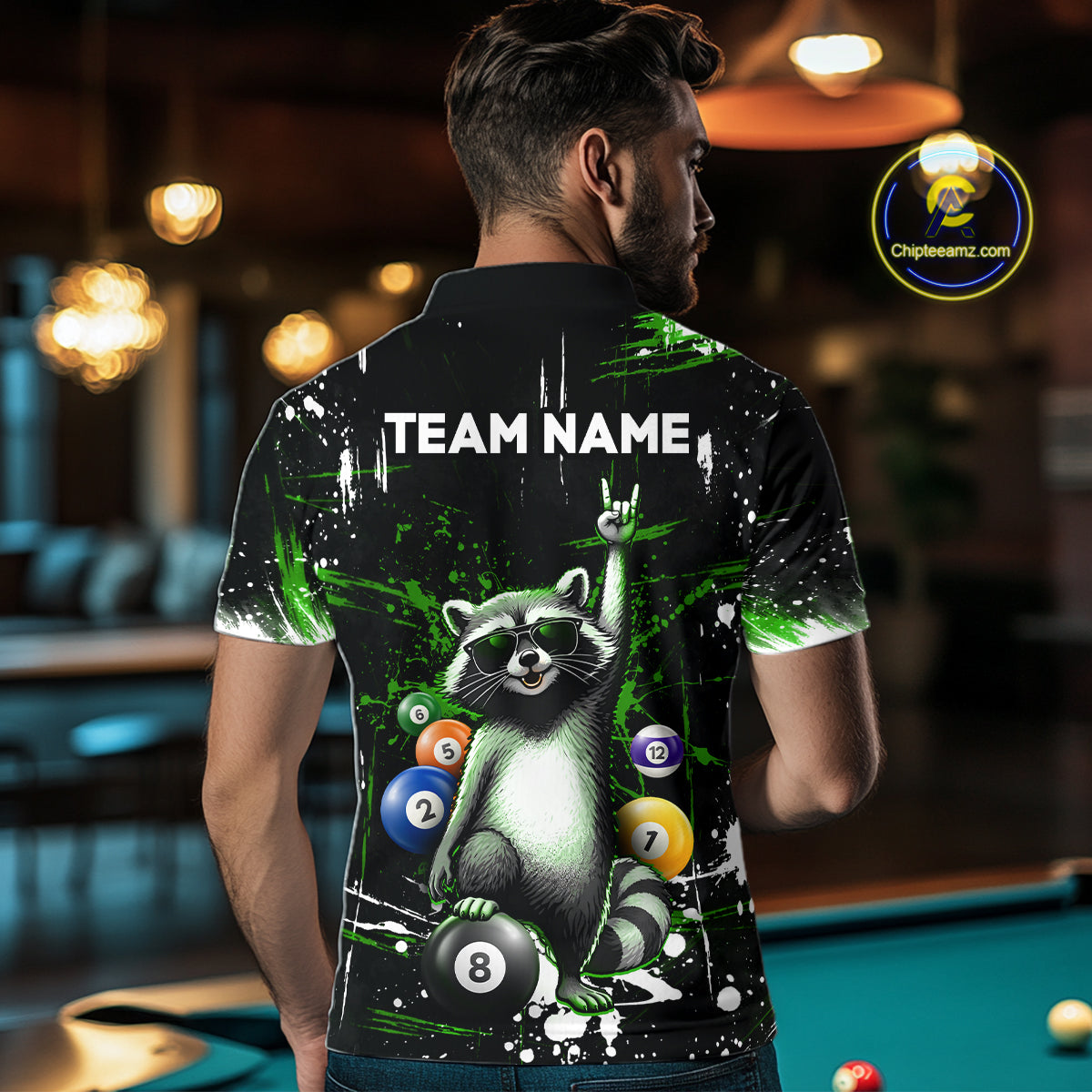 Custom Green Funny Raccoon Billiard Shirt for Men 8 Ball Pool Billiard Jersey Polo & 1/4-Zip BHT5