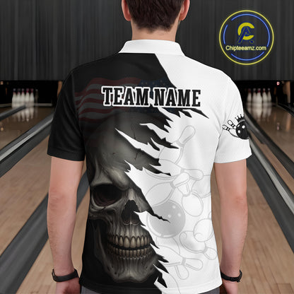 Custom Black White Skull Bowling Jersey for Men Bowling Polo & 1/4 Zip Bowling Team Shirts HNT111