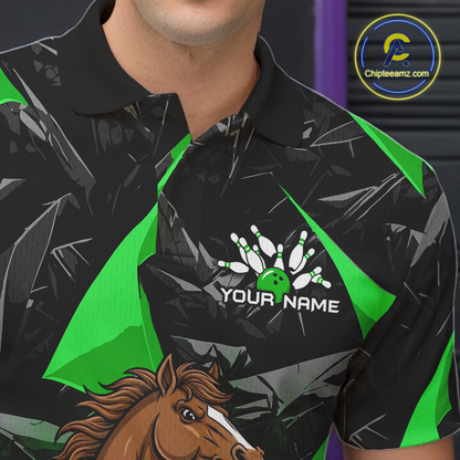 Custom Green Funny Horse Bowling Jersey for Men Bowling Team Shirts Bowling League Polo & 1/4 Zip HNT183