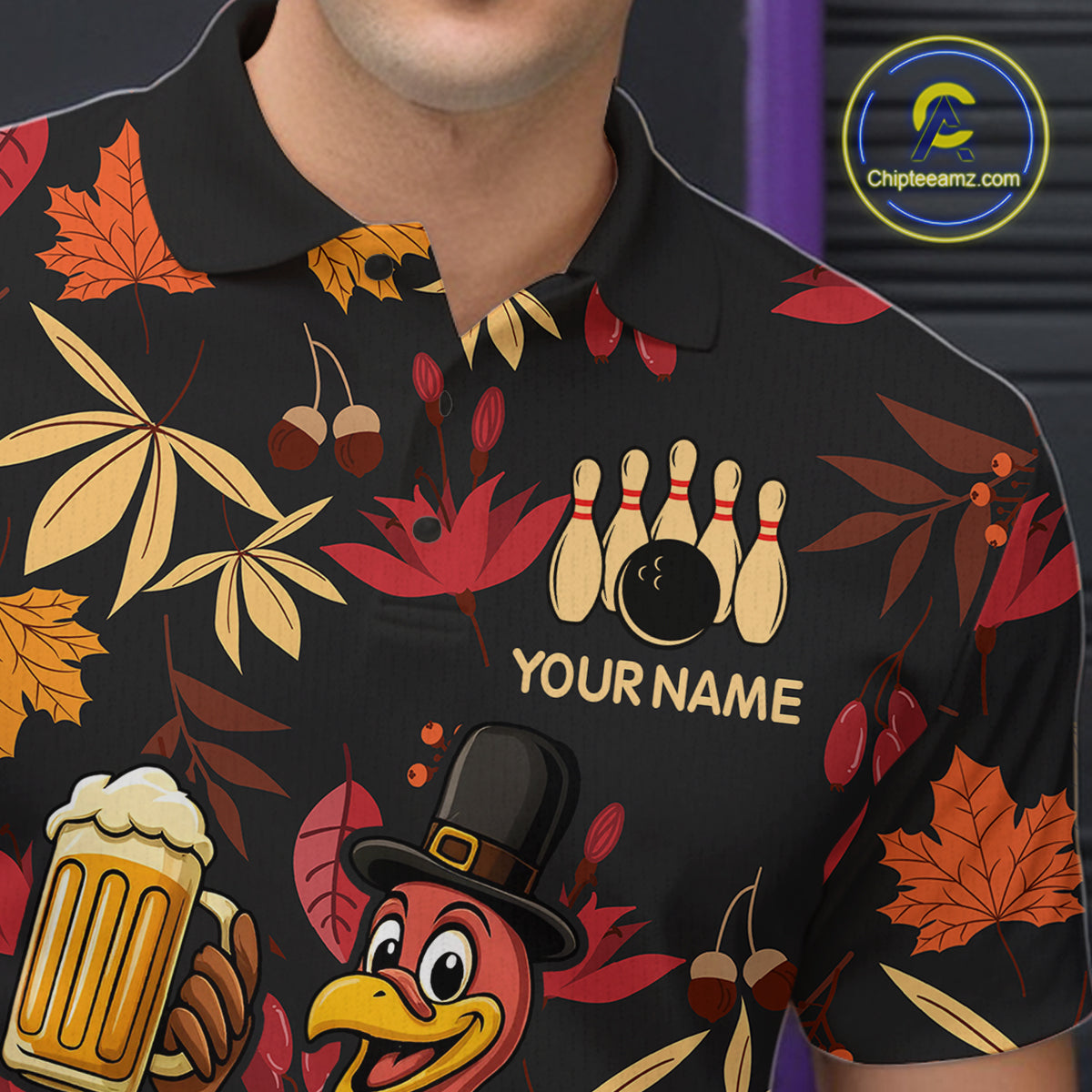 Funny Turkey Bowling Beer Thanksgiving pattern Custom Team bowling jerseys men, bowling gifts for men NQS10963