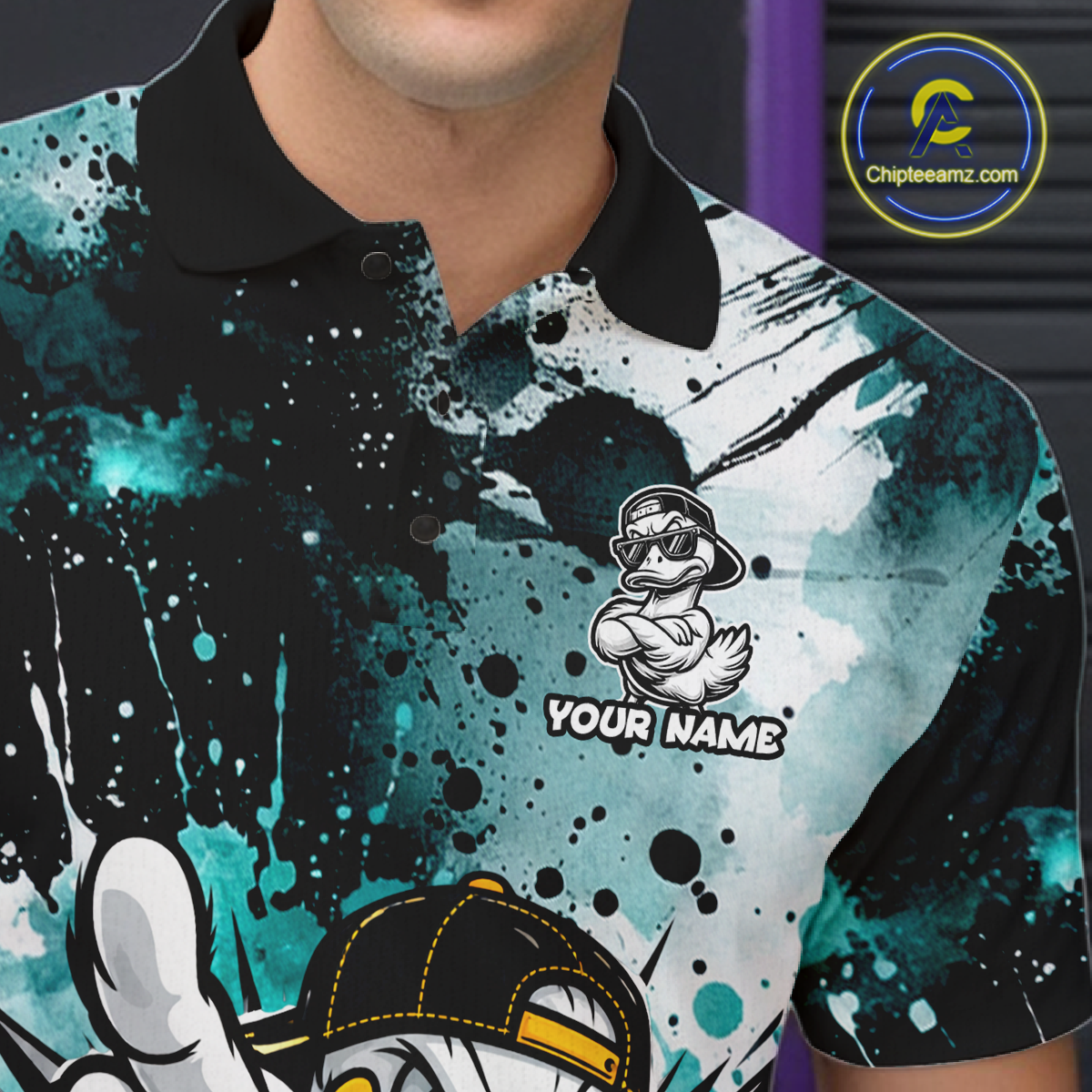Custom Teal Funny Duck Bowling Jersey for Men Bowling Uniform Polo & 1/4 Zip Bowling Team Shirts HNT237
