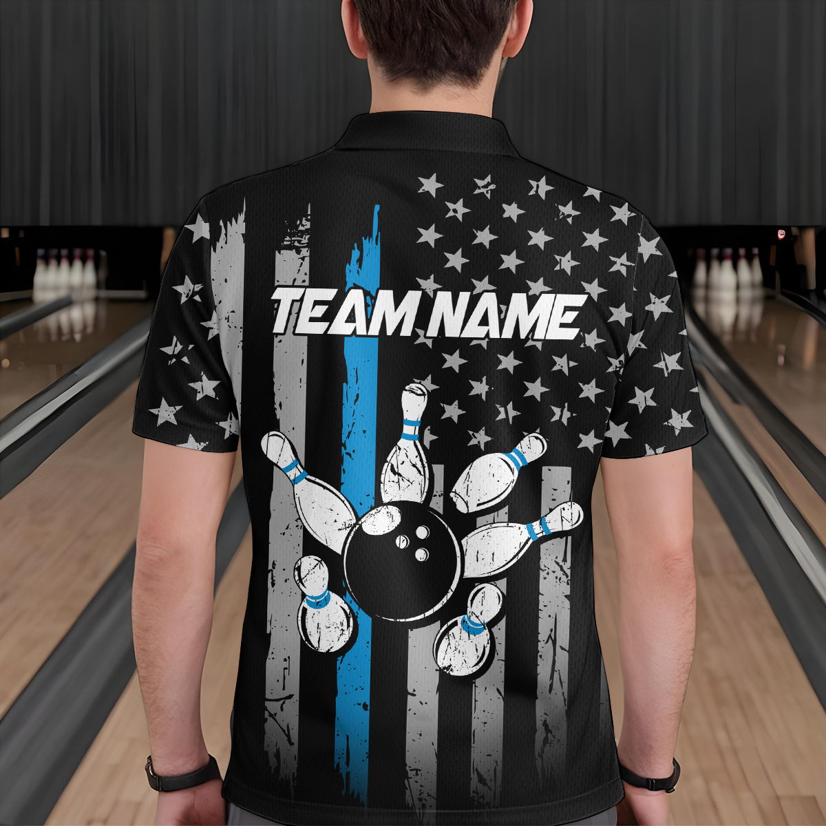US Blue Flag Bowling Shirt for Men Custom Name Polo & Quarter-Zip Bowling Jersey Bowling Team Shirt HNT23