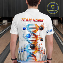Load image into Gallery viewer, Man wearing custom ice and fire DNA bowling polo shirt, back view mockup, personalized bowling league jersey.