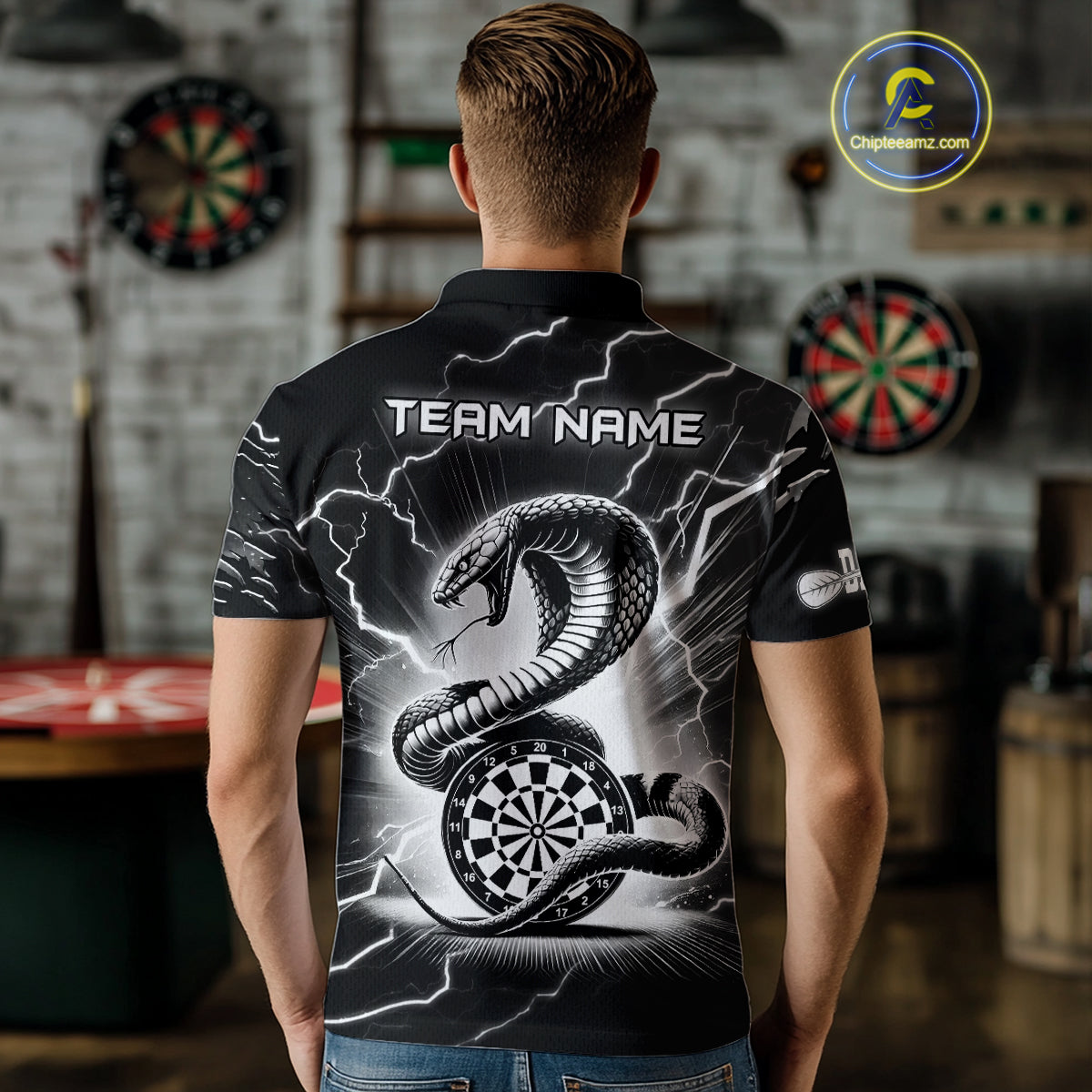 Custom Men's Dart Shirt – Black & White Lightning Cobra Design – Personalized Dart Team Jersey TDM3882