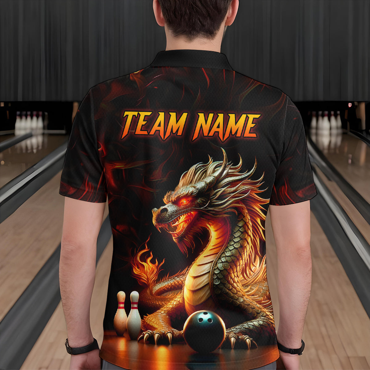 Orange & Black Flame Dragon Bowling Ball Pins Custom Bowling Polo Shirt Bowling Team Jersey QZT667
