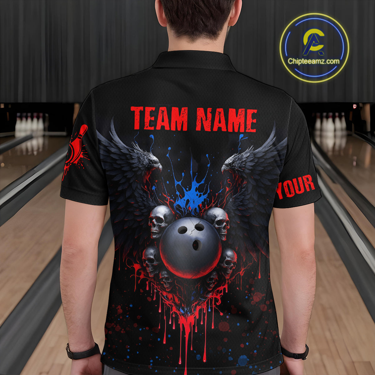 Custom Eagle Skull Bowling Men Shirts Bowling Uniform Polo & 1/4 Zip Bowling Team Jerseys HNT102