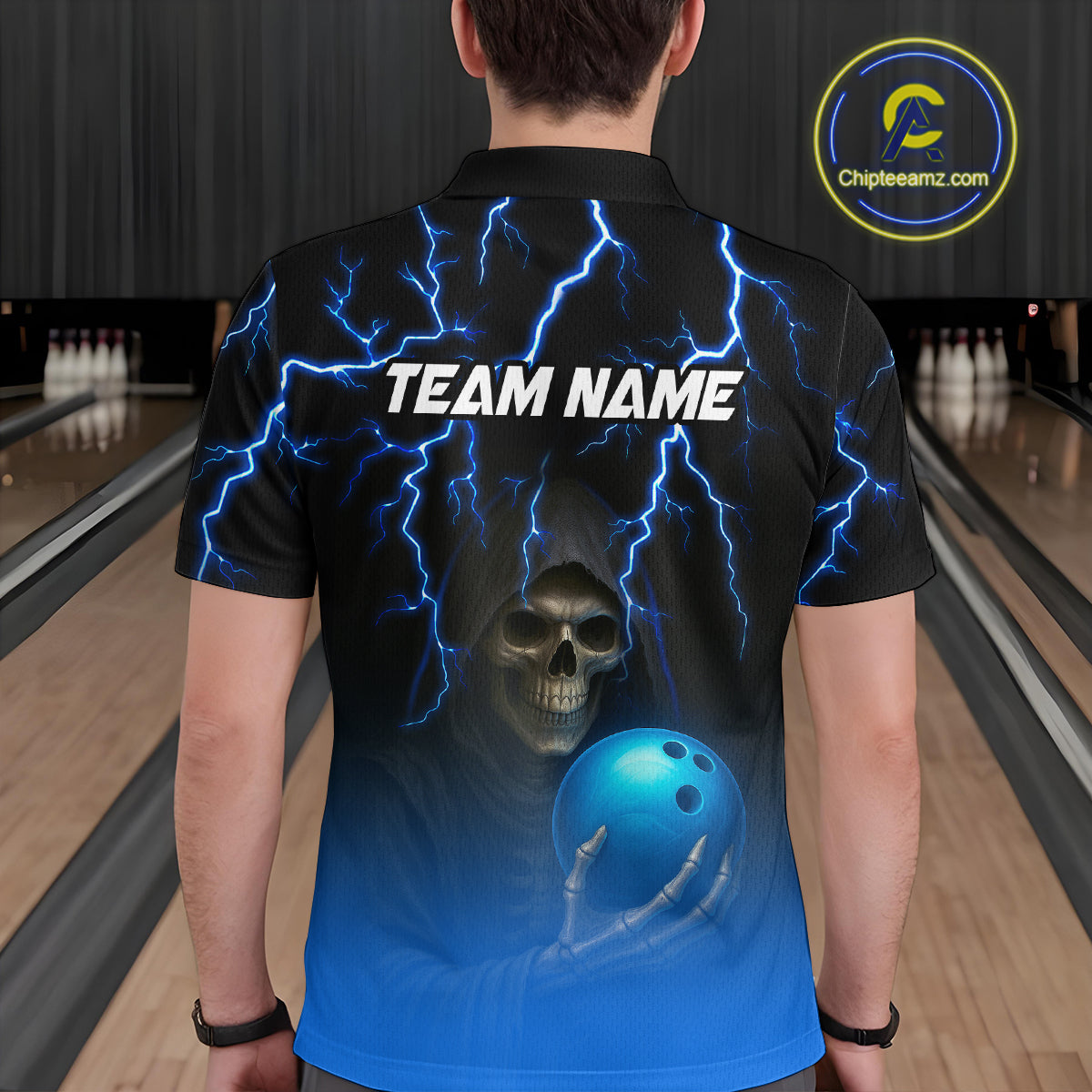 Custom Blue Thunder Skeleton Bowling Jersey for Men Bowling Polo & 1/4 Zip Bowling Team Shirts HNT108