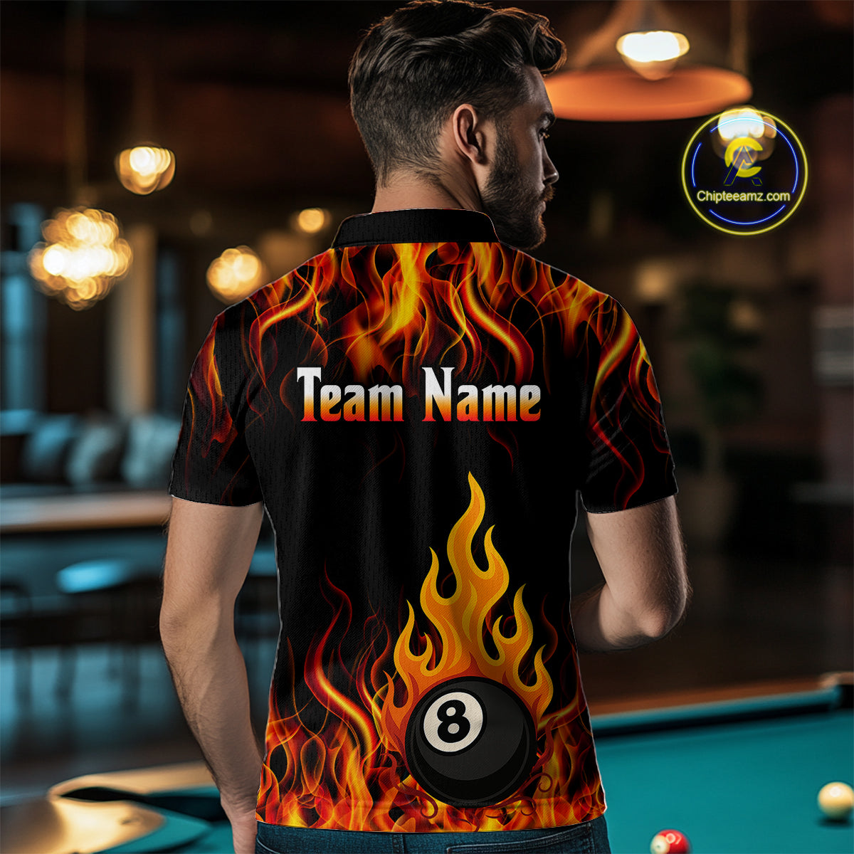 Orange 8 Ball Flame Fire Billiard Shirts For Men Custom Polo & 1/4 Zip Billiard Team Jerseys TDM4012