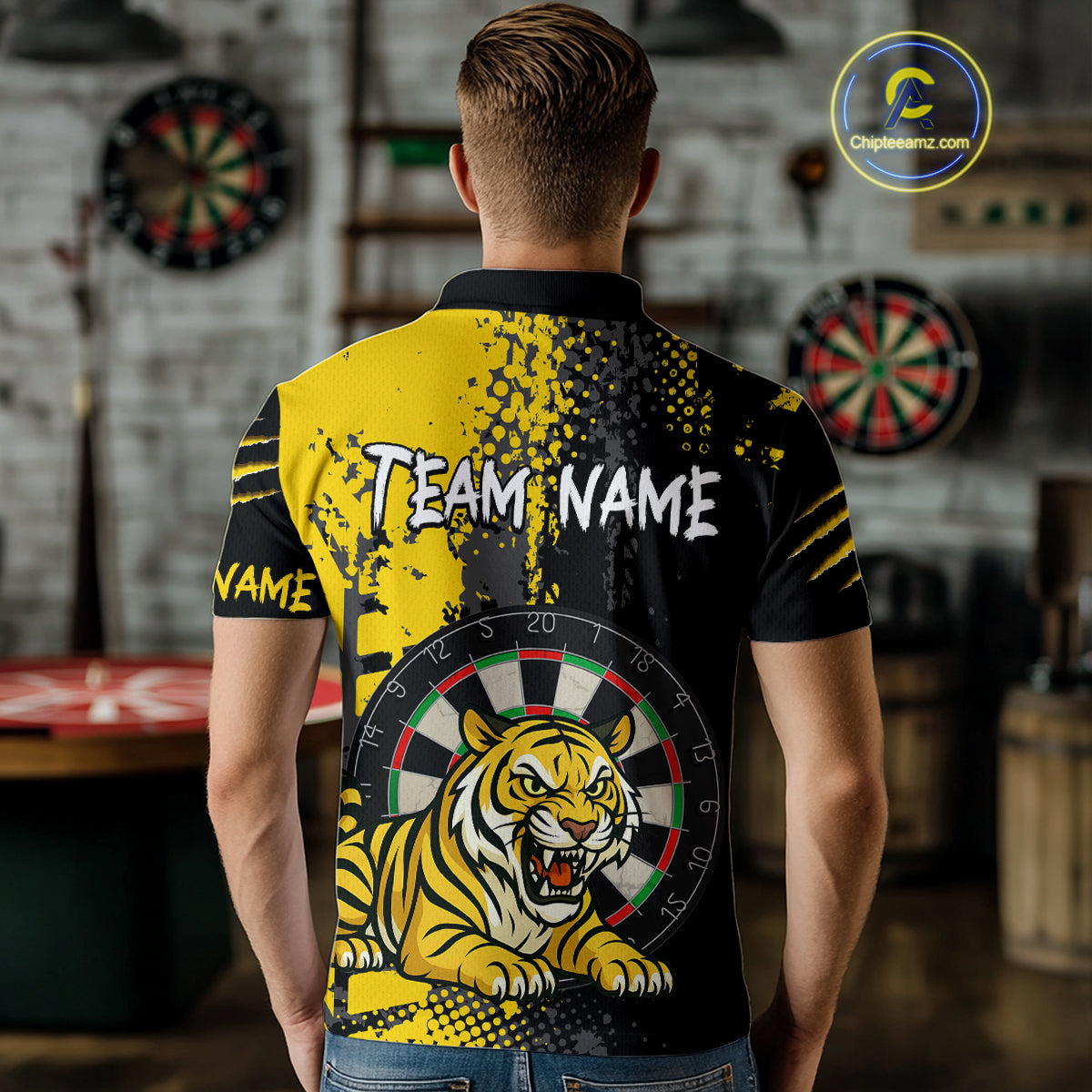 Men's Custom Darts Shirt With Fierce Tiger And Yellow Grunge Splatter NYN0258