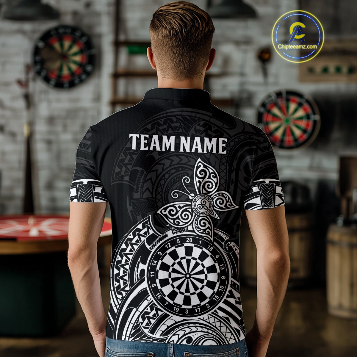 Custom White Black Tribal Dartboard Butterfly Darts Shirts For Men, Darts Team Jerseys Outfit TDM3988