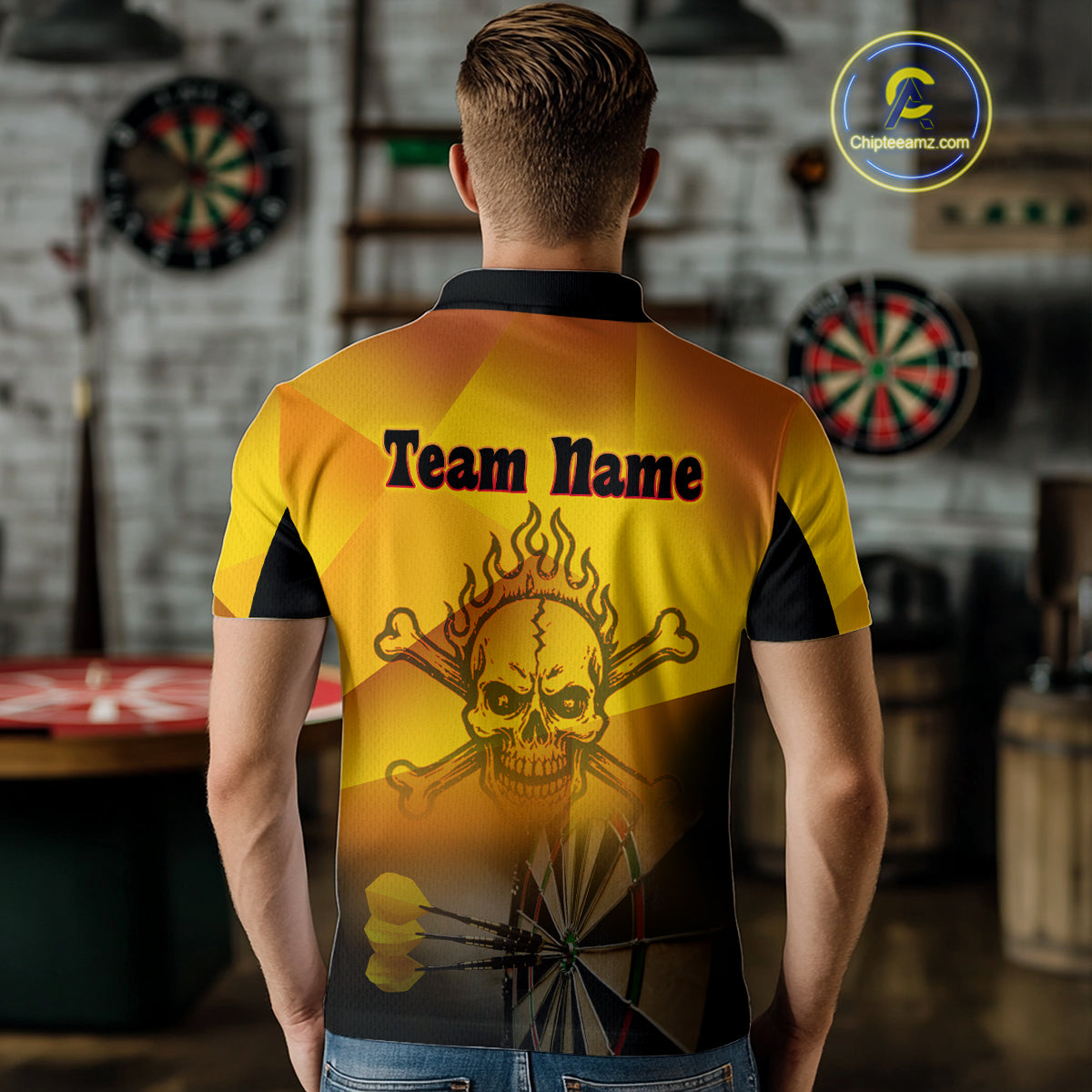 Men's Personalized Dart Shirts With Fire Skull And Yellow Darts Theme NYN0256