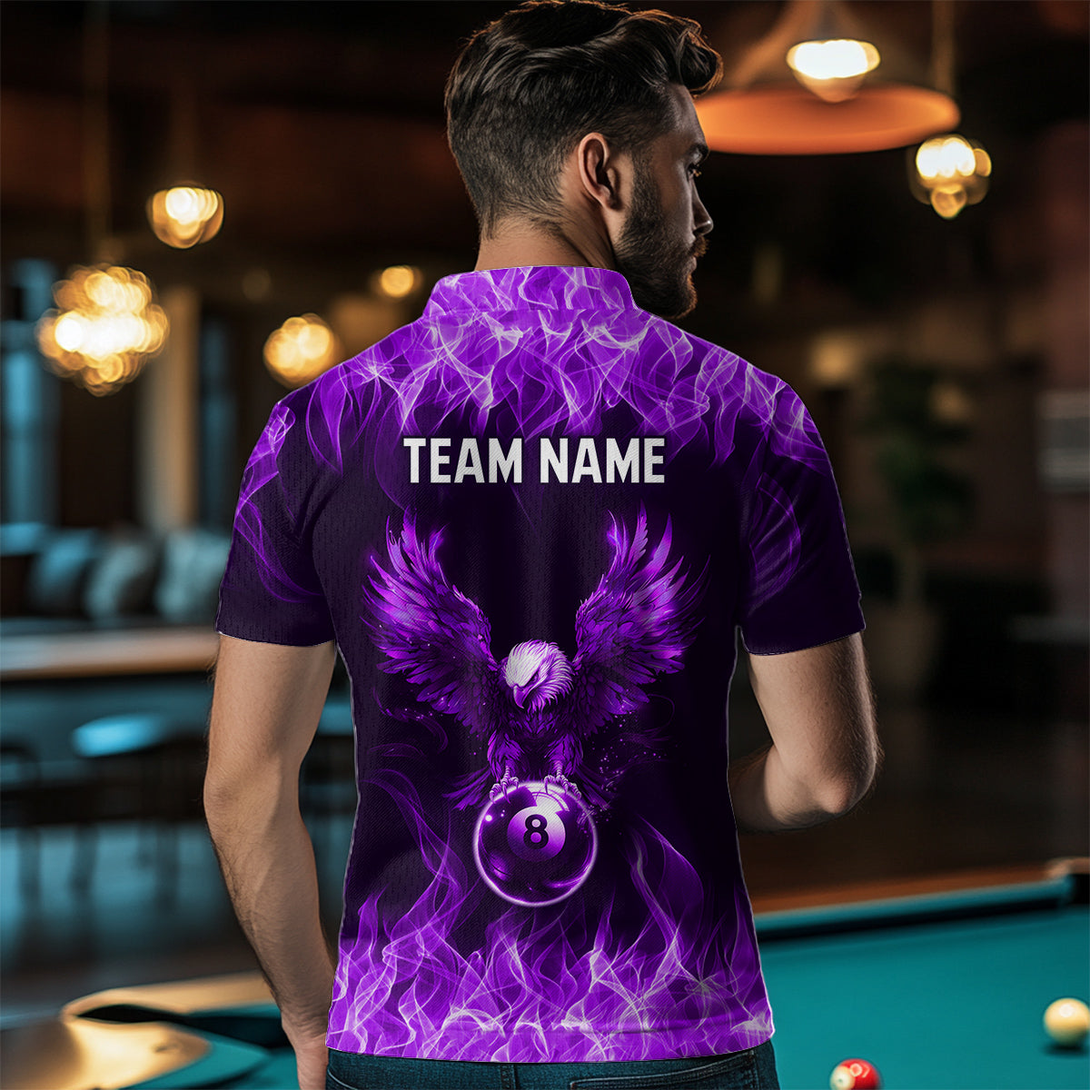 Personalized Purple Eagle Flaming 8 Ball Pool Bliiard Polo & 1/4 Zip, Billiard Shirt for Men, Billiard Team Jerseys NNT36
