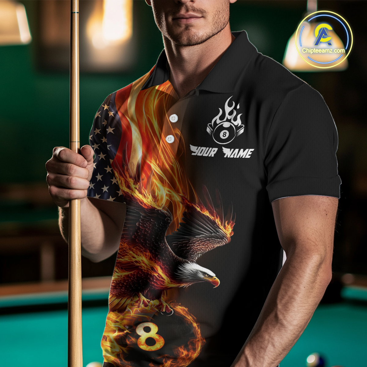 Custom Flaming US Flag Eagle Billiard Jersey for Men Billiard Shirt Billiard Gifts Polo & 1/4 Zip NNT58