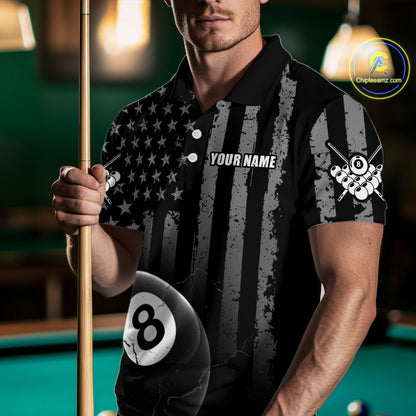 Custom American Flag 8 Ball Billiard Shirts for Men, Billiard Team Polo & 1/4 Zip Shirts NNT64