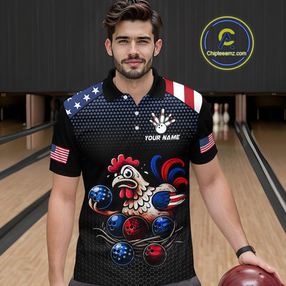 Custom American Flag Funny Chicken Bowling Team Jersey for Men Polo Bowling Shirt Unisex QZT710