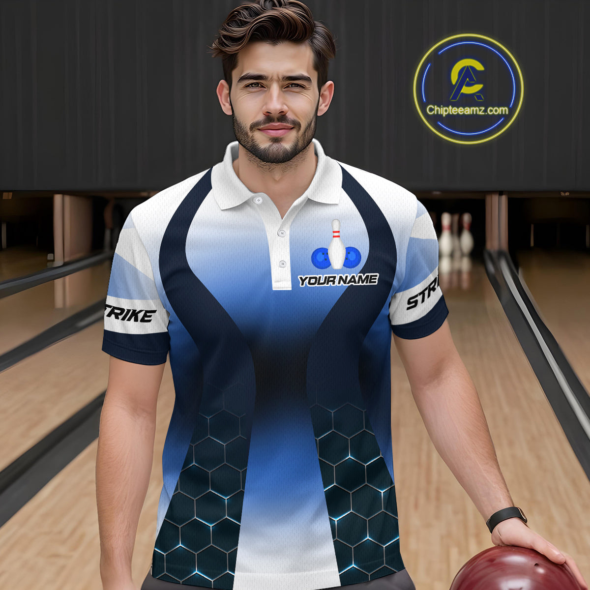White and Blue Bowling Shirts for Men Women Team Custom Bowling Polo & Quarter Zip MBL105