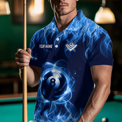 Personalized Blue Flaming Billiard Jerseys 8 Ball Pool Billiard Shirts for Men Team Polo & 1/4 Zip Shirt NNT29