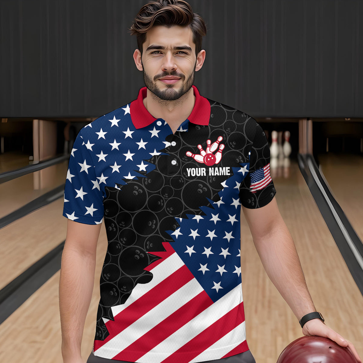 Personalized Patriotic Cat Bowling Shirt Polo American Bowling Jersey for Men Women QZT673