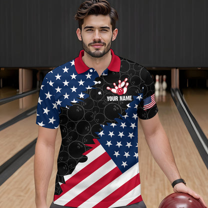 Personalized Patriotic Cat Bowling Shirt Polo American Bowling Jersey for Men Women QZT673