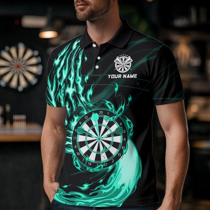 Turquoise Fire Flame Dartboard Darts Polo & Quarter Zip Custom Dart Shirts For Men Dart Jerseys TDM3739