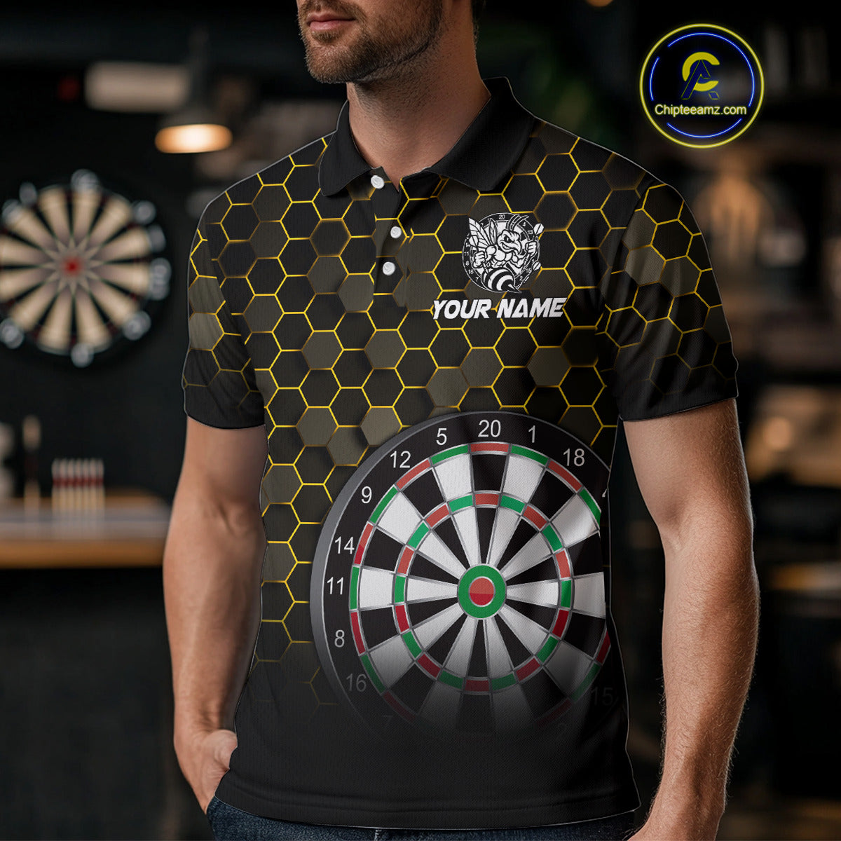 Funny Bee Hexagon Dart Shirts For Men – Custom Darts Team Polo & Quarter Zip Jerseys TDM4003