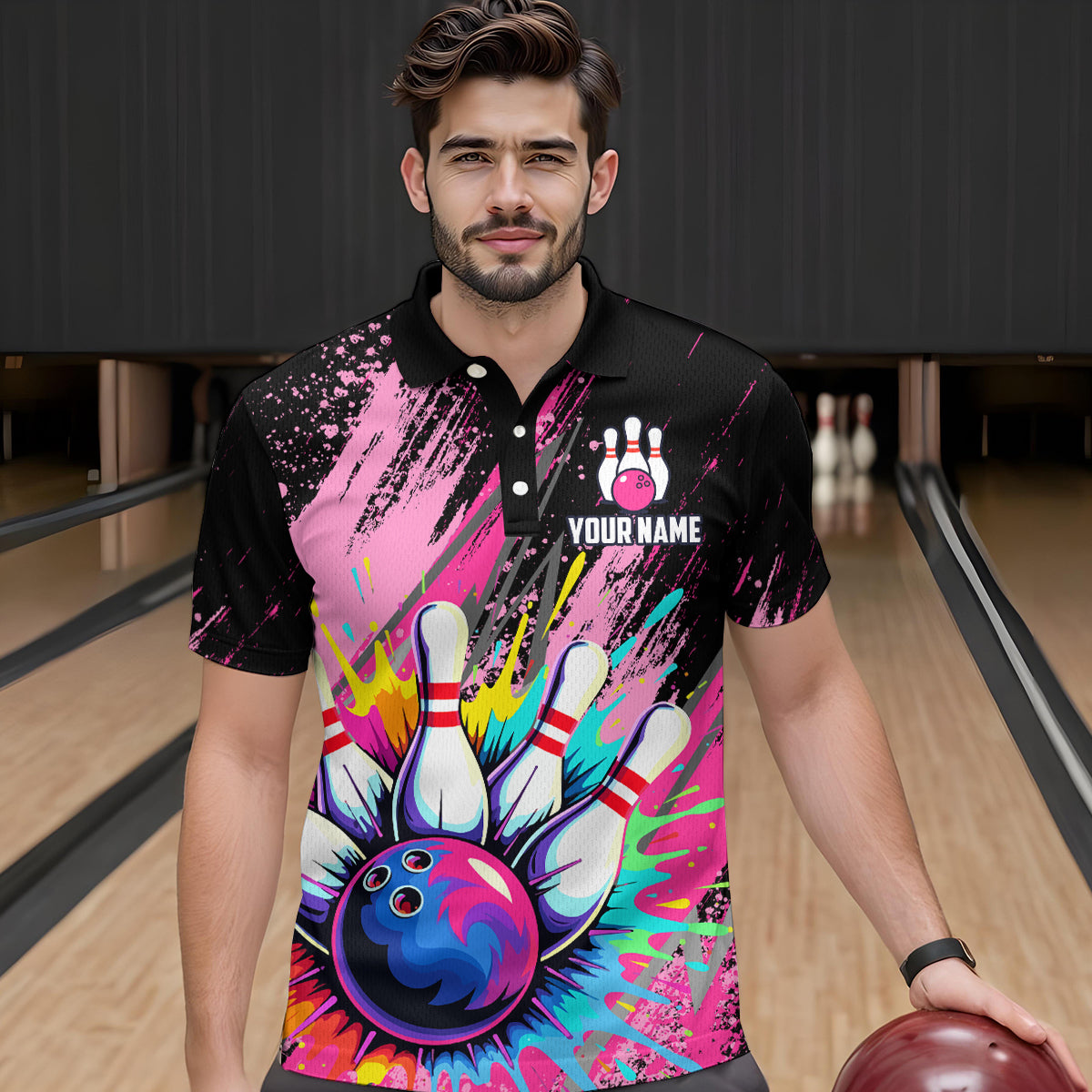 Custom Pink Bowling Shirt for Women Men Bowling Water Color Bowling Polo & 1/4 Zip Shirts MBL37