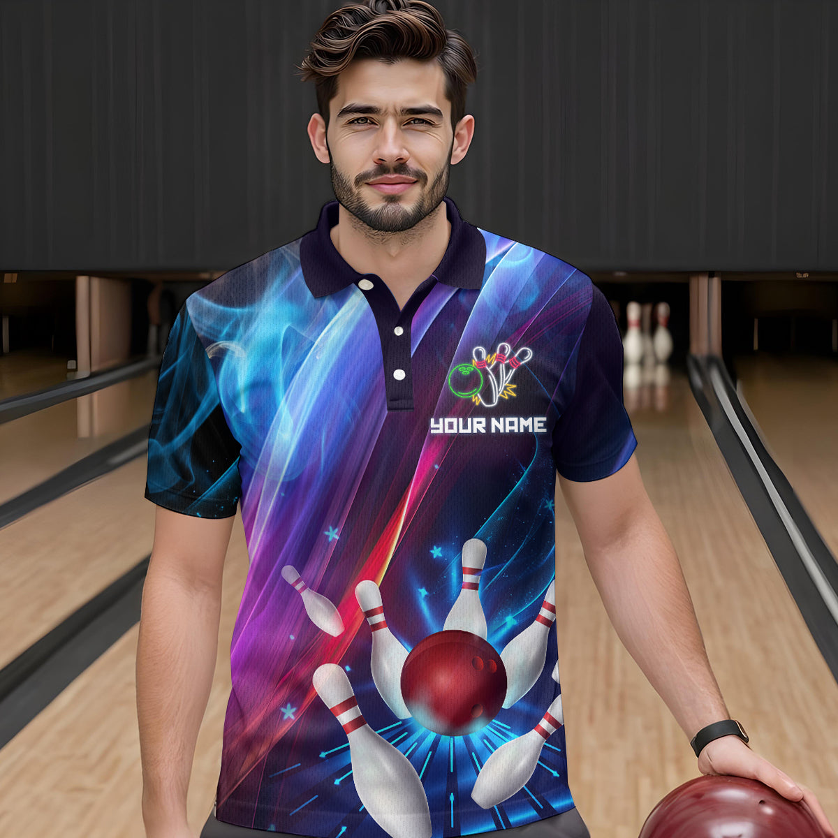 Personalized Galaxy Bowling Pins and Ball Shirt Blue & Purple Neon Polo Bowling Team League QZT664