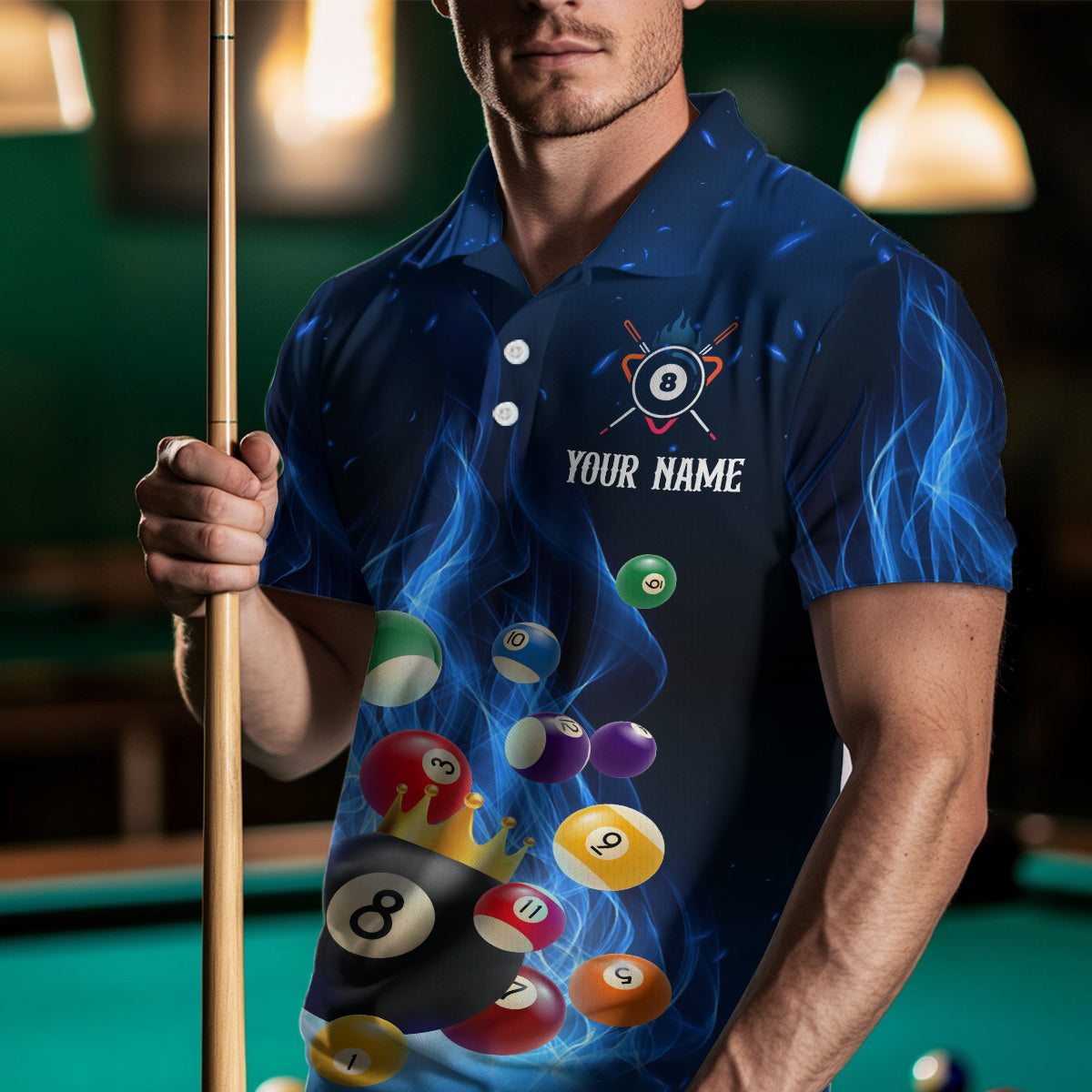 Blue Flaming Billiards Shirt 8 Ball Billiards Shirt Men Polo Shirts & 1/4 Zip NNT09
