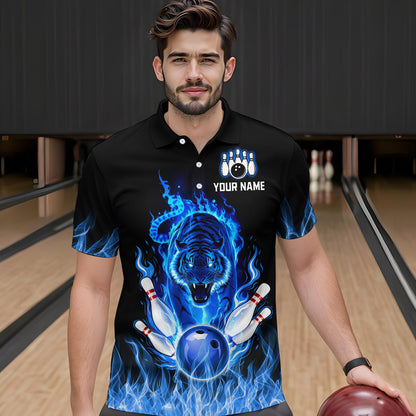 Blue Flaming Tiger Bowling Custom Men Bowling Polo & Quarter-Zip Bowling Team Jerseys HNT46
