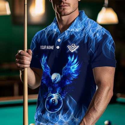 Personalized Blue Eagle Flaming 8 Ball Pool Bliiard Polo & 1/4 Zip, Billiard Shirt for Men Team NNT36