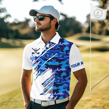 Personalized Mens golf polo shirts custom white and blue camo mens golf apparel, golfing gifts NQS10073