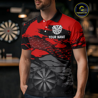 Personalized Dart Shirt For Men Red Grunge Texture & Black Dartboard, Darts Jersey NYN0280