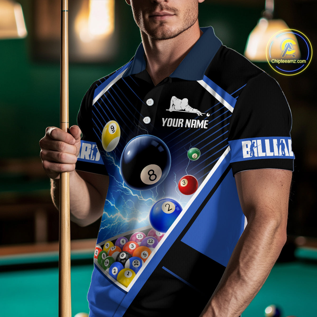 Customized Blue Thunder Lightning Strike Billiard Shirt For Men, Billiard Team Shirt Pool Jerseys TDM4009