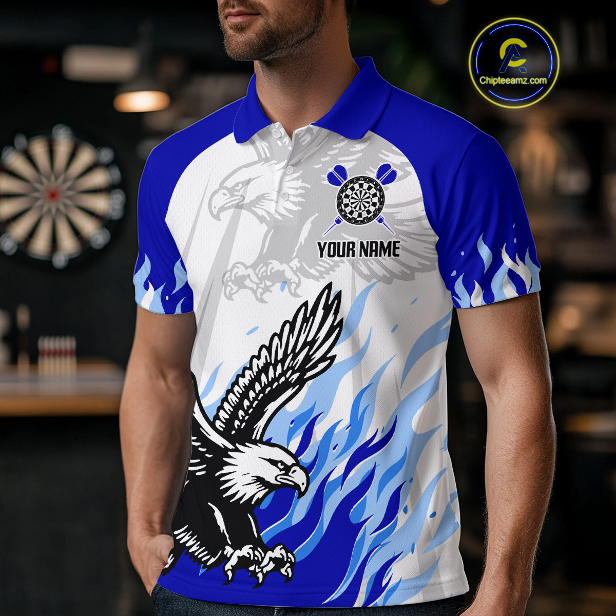 Men's Custom Darts Shirt - Eagle With Wings Dart Arrow & Blue Flaming Pattern NYN0332