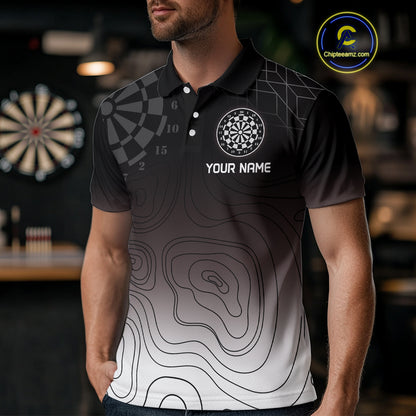 Men's Custom Dart Shirt, Darts Hitting The Bullseye With Black-To-White Gradient NYN0249