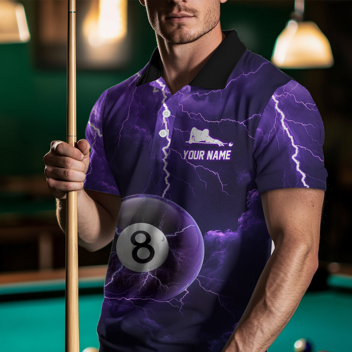 Purple Thunder 8 & 9 Ball Billiards Shirt Men Team Polo & 1/4 Zip Shirts Billiard Jersey NNT17