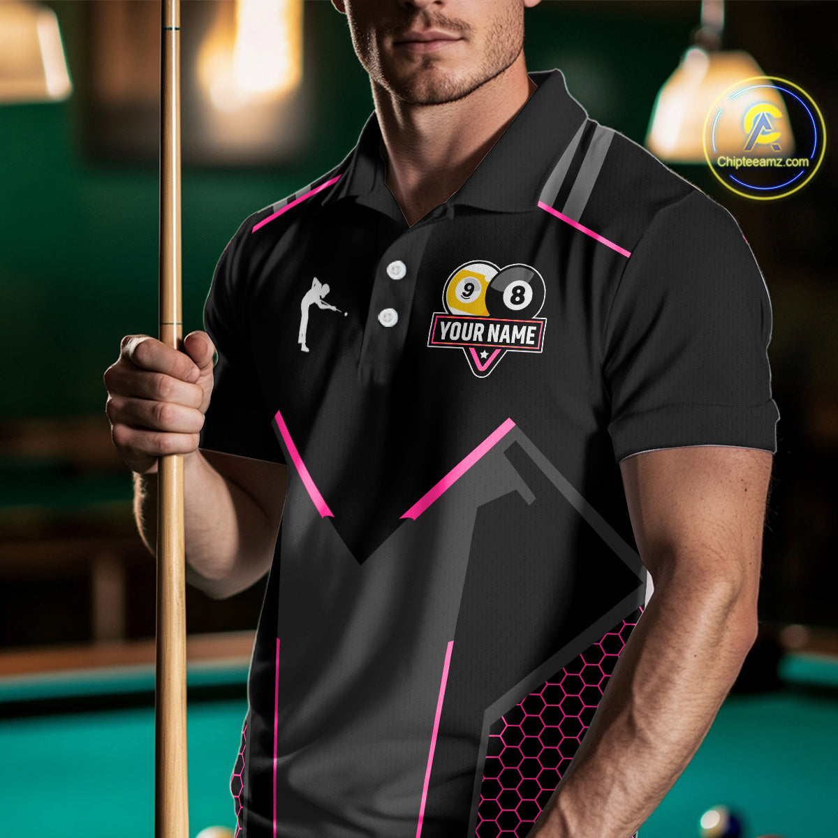 Personalized 8 Ball & 9 Ball Pool Billiard Polo, 1/4 Zip For Men Custom Team Billiard Jersey|Pink TDM4048