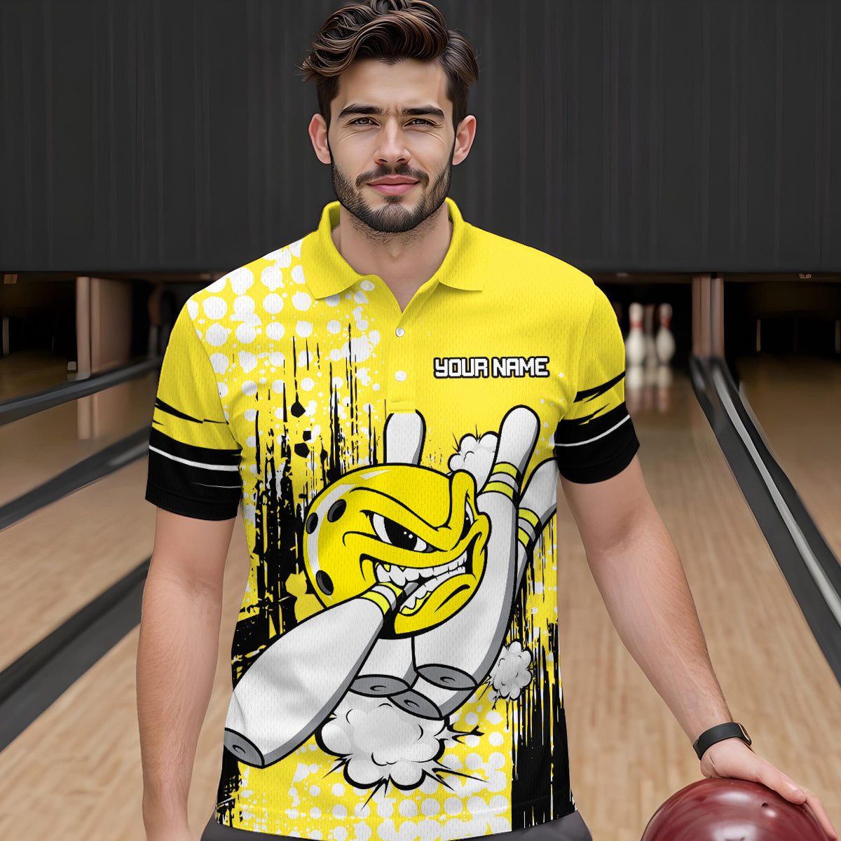 Personalized Yellow Funny Crazy Bowling Shirt for Men Polo & Quarter-Zip Bowling Jersey with Team HNT03