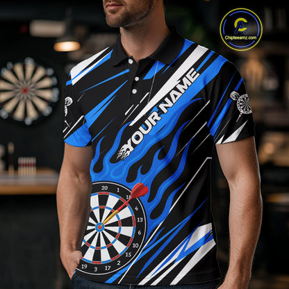 Blue Dartboard Flame Custom Dart Shirts For Men, Darts Team Jerseys Polo & Quarter Zip Shirts TDM4004