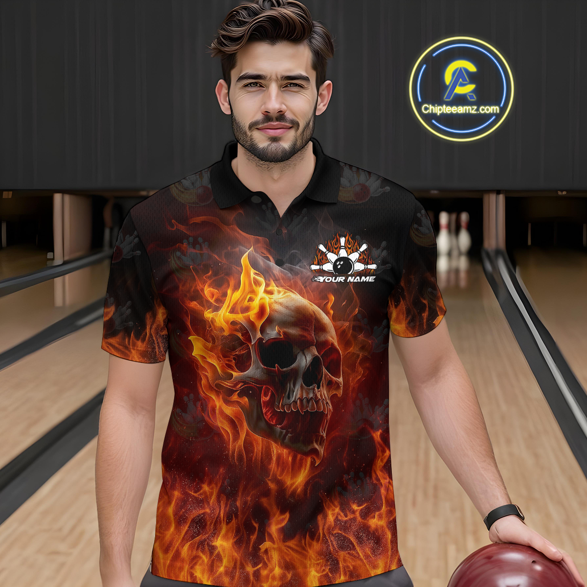 Custom Flame Skull Bowling Jersey for Men Bowling Uniform Polo & 1/4 Zip Bowling Team Shirts HNT112