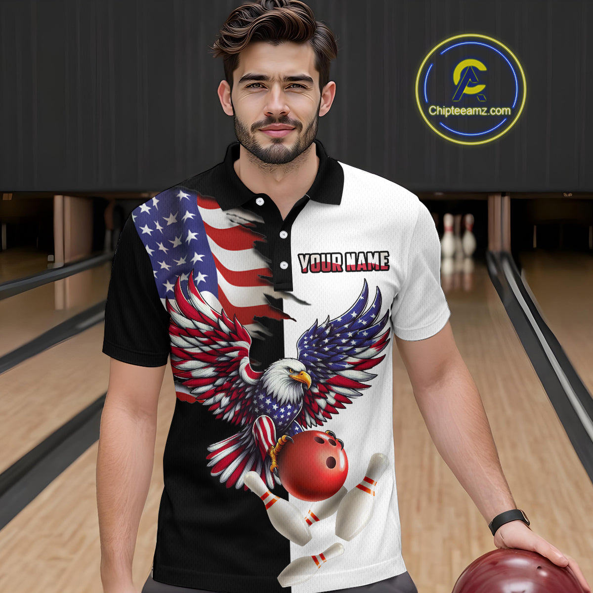 American Eagle Polo Bowling Shirt Custom Black & White Bowling Jersey for Men And Women QZT686