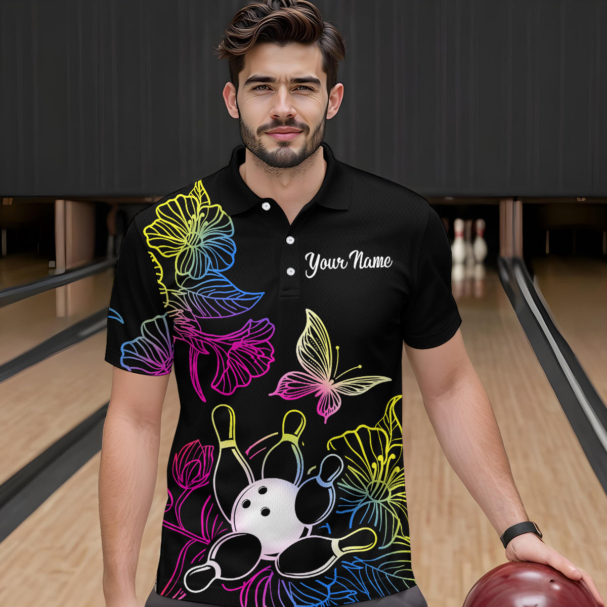 Colorful Butterflies Bowling Shirt for Men Bowling Team Jersey Shirts Polo & Quarter-Zip HNT27