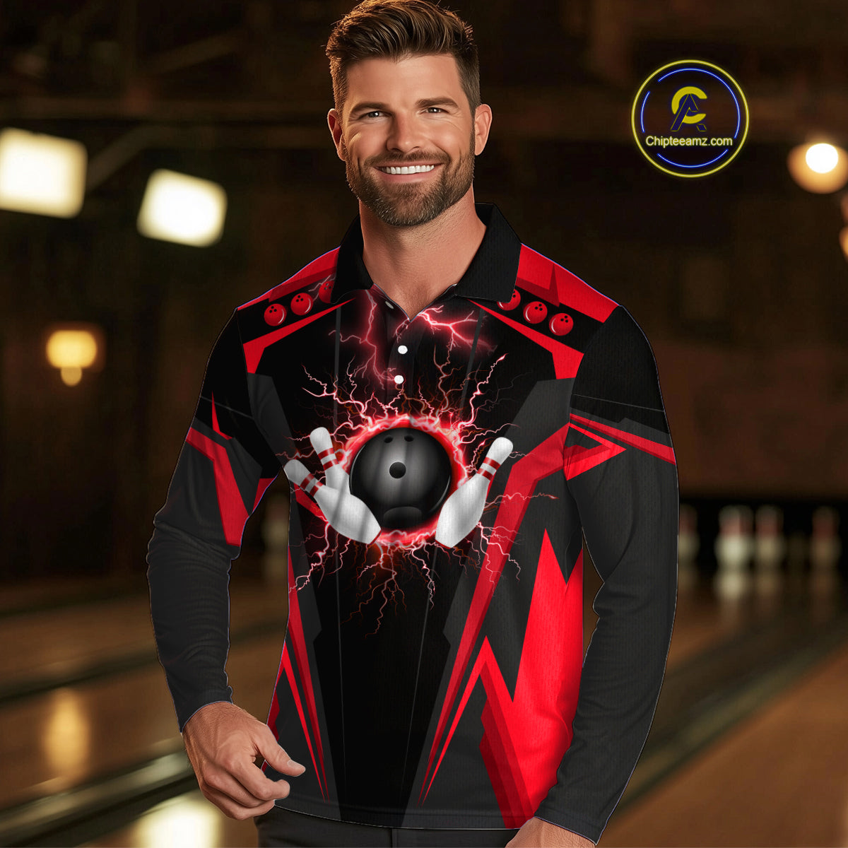 Black Mens bowling Polo, Quarter Zip shirt Custom lightning thunder team league bowling jerseys | Red NQS10373