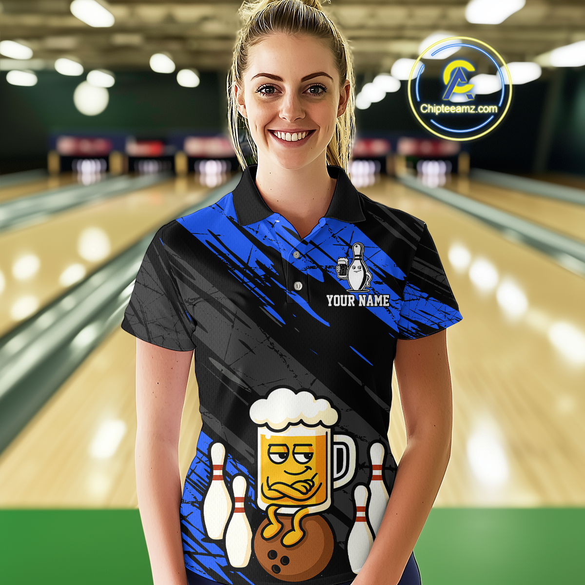 Custom Blue Funny Beer Bowling Jersey for Women Bowling Uniform Polo & 1/4 Zip Bowling Team Shirts HNT107