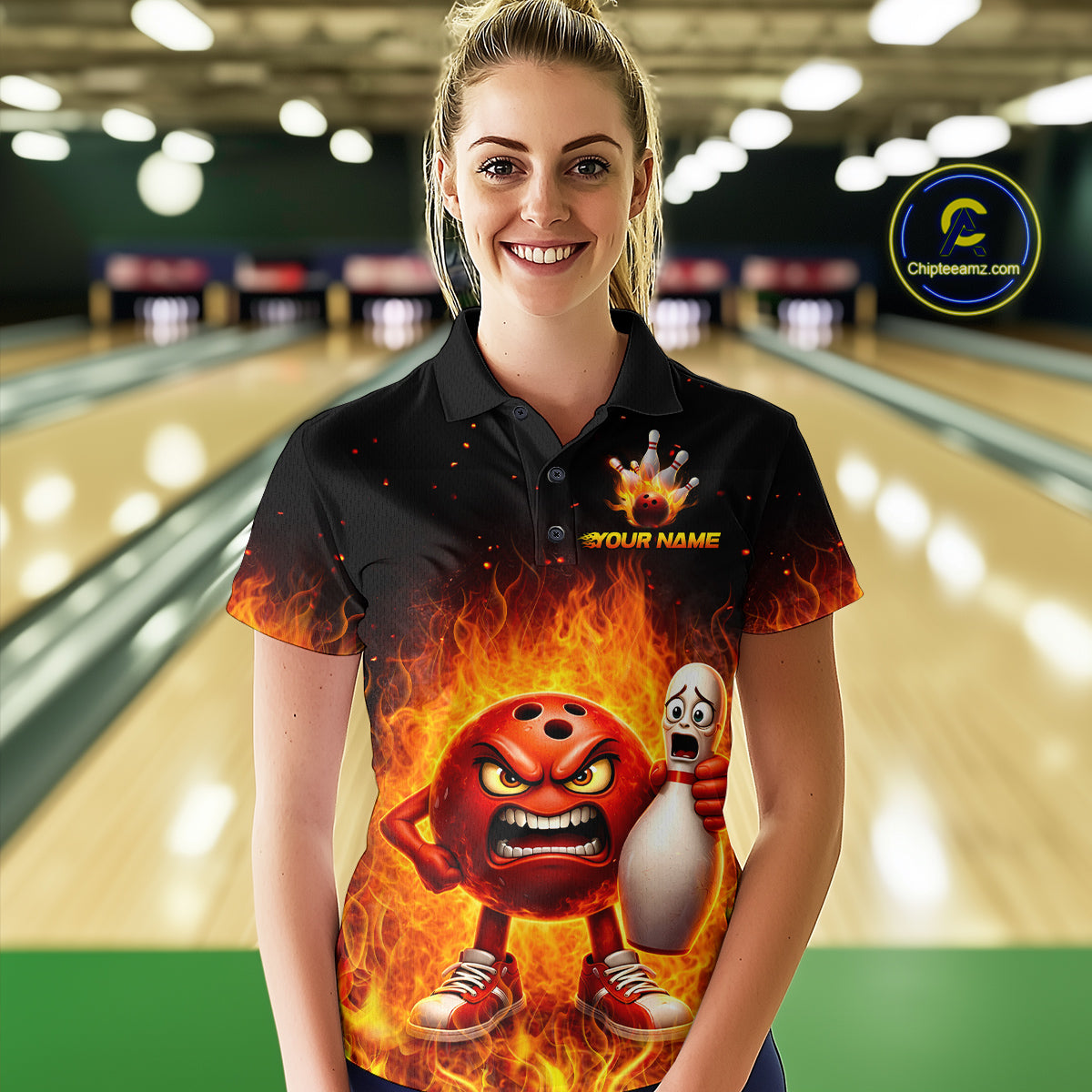Flaming Bowling Shirts for Team Women Men Bowling Polo & 1/4 Zip Shirt Custom MBL244