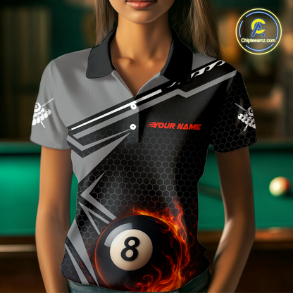 Personalized Grey 8 Ball Flame Billiard Shirts for Women, Billiard Team Polo & 1/4 Zip Shirts NNT65