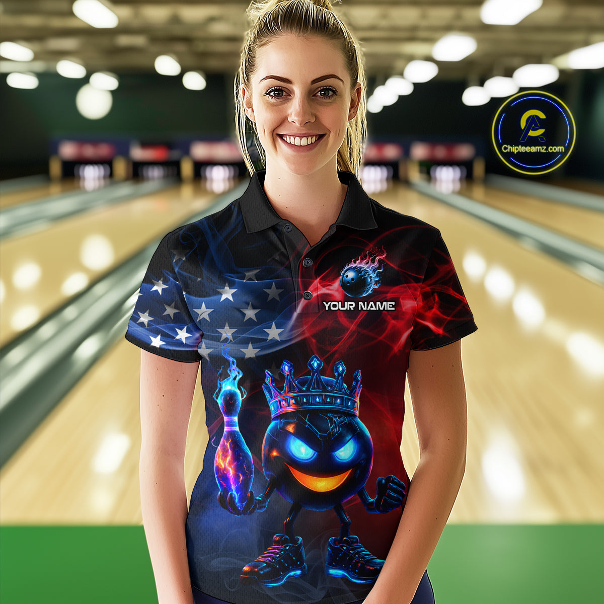 Custom American Flag Bowling Shirt Hero Bowling Ball Pin Polo & 1/4 Zip Bowling Jersey for Women QZT800