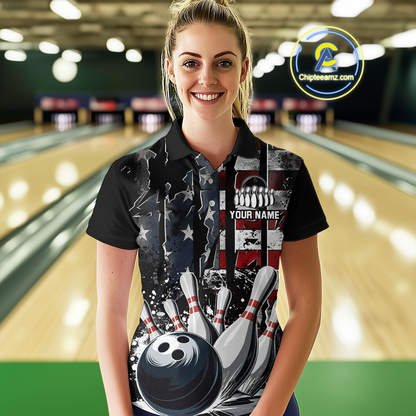 Custom Cracked US Flag Bowling Women Bowling Shirt Polo & Quarter-Zip Bowling Team Jerseys HNT86