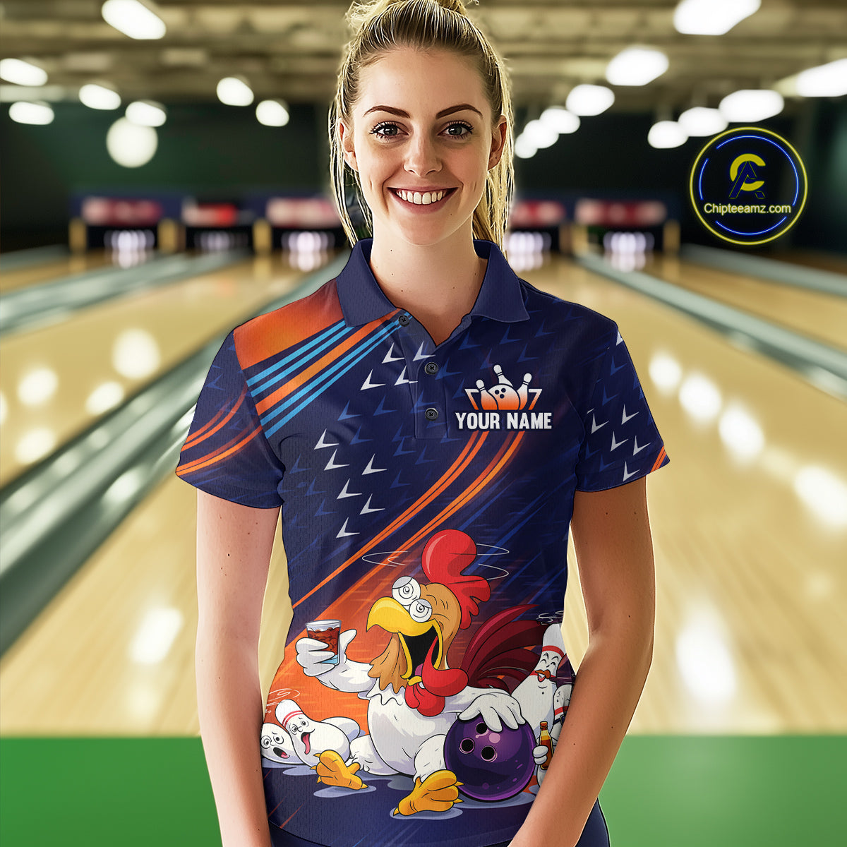 Funny Chicken Polo Bowling Shirt for Women Custom Bowling Jersey 1/4 Zip Bowling Outfit QZT826