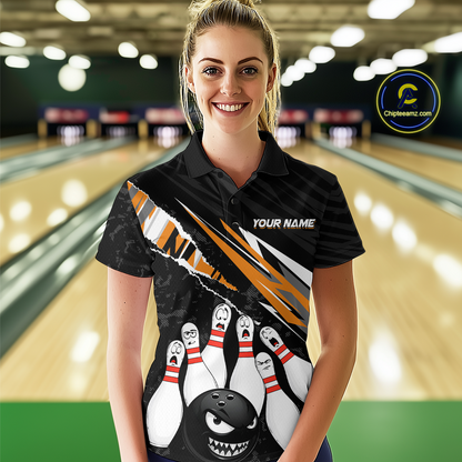 Custom Orange Funny Bowling Jersey for Women Bowling Uniform Polo & 1/4 Zip Bowling Team Shirts HNT128